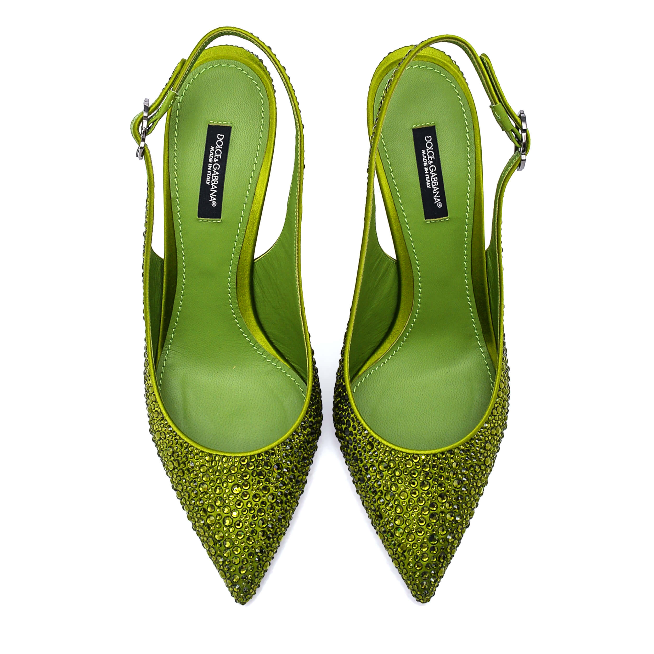 Dolce & Gabbana - Lime Green Lori Cryrstal Embellished Satin Slingback Pumps / 38.5